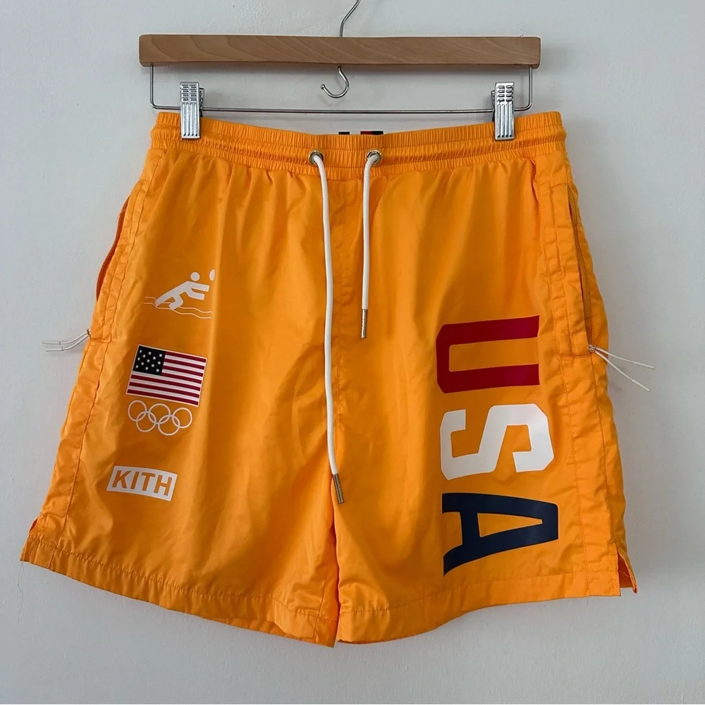 Kith mens Team USA Ring Swim Shorts in the Midsummer‎ orange color. Size small